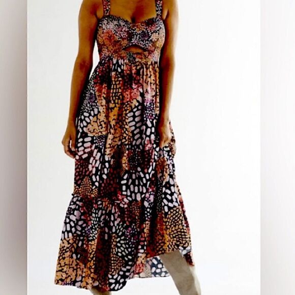 Anthropologie Dress geisha designs tiered cut out pleated maxi beaded print Med - Picture 1 of 13